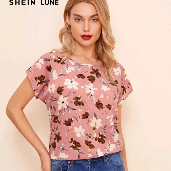 SHEIN Tops - Shein Women Dusty Pink Boho Batwing Short Sleeve Floral Top Size Medium
